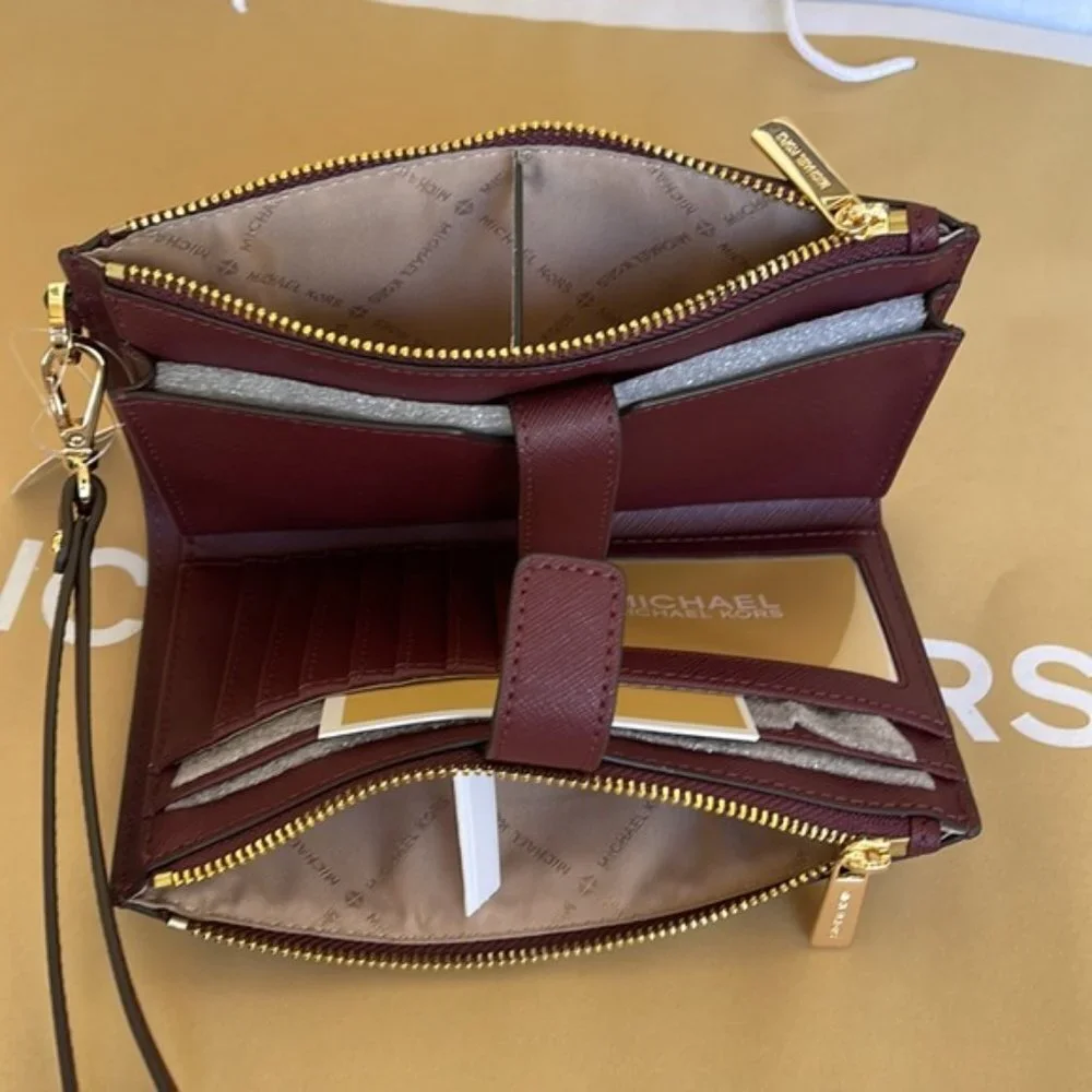Michael Kors Jet Set Travel Large Double Zip Wristlet Wallet Dark Cherry Leather